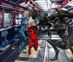 3d agent_26 alien_(franchise) blonde_hair female fighting gun metroid samus_aran that3dartist xenomorph