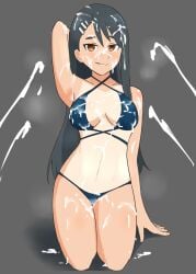 1girls bikini black_hair blush breasts brown_eyes bukkake clothed clothing cum cum_on_body cum_on_breasts cum_on_face cumming cumshot female_only grey_background hairclip hayase_nagatoro kneeling long_hair looking_at_viewer medium_breasts navel oksandio please_don't_bully_me,_nagatoro pose revealing_clothes simple_background solo tan tanline tanned