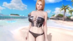 1girls 3d beach black_bikini blonde_hair blue_eyes blue_sky blurry_background breasts dead_or_alive dead_or_alive_5 dead_or_alive_5_last_round doahdm female female_only gravure_studio highres large_breasts looking_at_viewer navel palm_tree short_hair summer swimsuit tina_armstrong