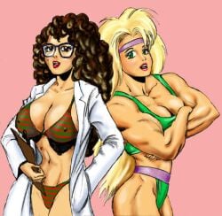 2girls 80's_theme bikini blonde_hair breasts brown_hair cleavage dcmatthews duo glasses labcoat long_hair muscular muscular_female nipple_bulge pink_background plain_background sonya_gannon tetsuko