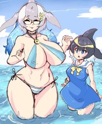 2girls big_breasts bikini blue_whale_(kemono_friends) breasts dress duo female female_only glasses kemono_friends kemono_killer nipples short-beaked_common_dolphin_(kemono_friends) swimsuit