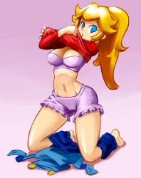 1girls 2017 blonde_hair bloomers blue_eyes bra breasts cameltoe cleavage clothing cosplay feet female female_only full_body gradient_background highres kneeling long_hair long_ponytail looking_at_viewer mario_(cosplay) mario_(series) medium_breasts minus8 navel nintendo open_mouth overalls pink_background ponytail princess_peach purple_bloomers purple_bra red_shirt shirt shirt_lift simple_background solo thick_thighs thighs tied_hair toes underwear underwear_only undressing