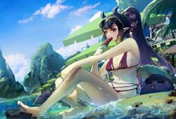 1girls bare_midriff beach bikini female female_only hololive hololive_english hololive_myth navel ninomae_ina'nis pointy_ears ponytail popsicle purple_eyes purple_hair sideboob sitting solo_female sunglasses sunglasses_on_head tentacle_hair thighs virtual_youtuber vyragami