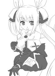 alternate_costume erect_nipples exhibitionism eyebrows_visible_through_hair female hermmy kooh long_hair monochrome one_breast_out pangya small_breasts solo tease tongue_out twintails