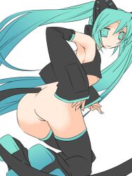 ass female hatsune_miku hermmy long_hair small_breasts smile solo tail thighhighs turquoise_eyes turquoise_hair twintails underboob vocaloid