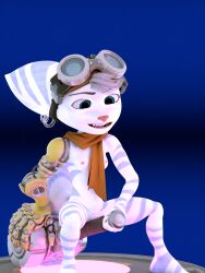 3d_(artwork) anthro blue_eyes breasts cybernetic_arm cybernetic_limb digital_media_(artwork) ear_piercing eyewear eyewear_on_head female fur goggles goggles_on_head grinding hair hammer hi_res holding_object improvised_sex_toy lombax mammal masturbation mostly_nude piercing ratchet_and_clank rivet_(ratchet_and_clank) smile solo sony_corporation sony_interactive_entertainment stripes tools video_games xarr