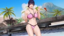 1girls 3d beach bikini breasts dark_blue_hair dead_or_alive dead_or_alive_5 dead_or_alive_5_last_round doahdm female female_only gravure_studio light-skinned_female looking_at_viewer navel nyotengu palm_tree purple_bikini purple_eyes purple_swimsuit side-tie_bikini summer tecmo thighs