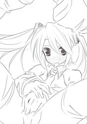 blush detached_sleeves female hatsune_miku hermmy masturbation monochrome open_mouth solo twintails vocaloid