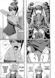 1boy 2girls accidental_exposure asahina_aoi bathroom breasts caught celestia_ludenberg changing changing_room danganronpa danganronpa:_trigger_happy_havoc danganronpa_1 doujinshi embarrassed embarrassed_nude_female enf english_text exposed_breasts female human large_breasts male monochrome multiple_girls naegi_makoto nude okazaki_takeshi peeing pussy straight_hair text urine walked_in_on