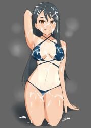 1girls bikini black_hair blush breasts brown_eyes bukkake clothed clothing cum cum_on_body cum_on_breasts cum_on_face cumming female_only grey_background hairclip hayase_nagatoro kneeling long_hair looking_at_viewer medium_breasts navel oksandio please_don't_bully_me,_nagatoro pose revealing_clothes simple_background solo tan tanline tanned