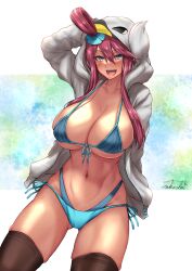 1girls 2022 alternate_breast_size asymmetrical_hair bikini blue_bikini blue_eyes blush breasts cosplay dark-skinned_female dark_skin female female_only gym_leader hips hoodie huge_breasts jacket long_hair looking_at_viewer naughty_face nintendo pokemon pokemon_(cosplay) pokemon_bw pokemon_bw2 red_hair skyla_(pokemon) slim_waist smile suggestive_look swanna_(cosplay) takecha thick_thighs thighs wide_hips