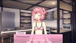 1girls a_month_with_natsuki blush bra bra_strap doki_doki_literature_club english_text female female_only natsuki_(doki_doki_literature_club) out_of_context pink_eyes pink_hair solo text the_bike underwear wholesome