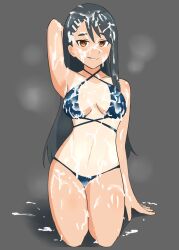 1girls bikini black_hair blush breasts brown_eyes bukkake casual_bukkake clothed clothing cum cum_on_body cum_on_breasts cum_on_face cumming female_only grey_background hairclip hayase_nagatoro kneeling long_hair looking_at_viewer medium_breasts navel oksandio please_don't_bully_me,_nagatoro pose revealing_clothes simple_background solo tan tanline tanned