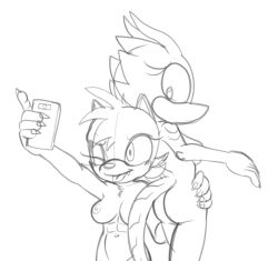 anthro ass duo ellie_the_wolf female female/female fours_(artist) looking_at_another looking_at_cellphone looking_at_object looking_at_partner looking_at_phone monochrome nude sega selfie sketch skitter_the_gecko sonic_(series) sonic_the_hedgehog_(series)