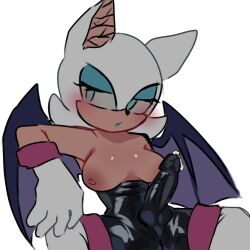 anthro breasts breasts_out cum_drip cyan_eyes exegard futanari intersex latex_suit rouge_the_bat sonic_(series) spread_legs white_fur wings