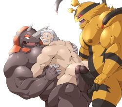 2_tails abs absurd_res anthro anthro_dominating_human ass back_muscles balls big_dom_small_sub big_muscles big_pecs big_penis black_body black_fur brown_body dominant dominant_anthro dominant_male electivire erection facial_hair fur genitals group group_sex hair hi_res holding_partner horn human human_on_anthro imminent_anal interspecies larger_anthro larger_male looking_back lying maldu male male/male mammal moustache multi_tail multicolored_body multicolored_fur muscular muscular_anthro muscular_human muscular_male nintendo nipples nude open_mouth pecs penis pokémon_(species) poképhilia pokemon pokemon_professor red_body red_eyes rhinocerotoid rhyperior rowan_(pokemon) sex size_difference smaller_human smaller_male striped_body striped_fur stripes submissive submissive_human submissive_male teeth threesome trio uncensored video_games white_hair yellow_body yellow_fur