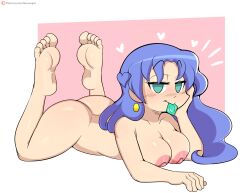 1girls blue_hair breasts condom feet female_focus female_only green_eyes jinu nude puyo_puyo rulue solo_female tagme