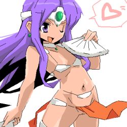 clothing dragon_quest dragon_quest_iv fan flat_chest hermmy loincloth long_hair maya_mahabala purple_eyes purple_hair pussy small_breasts spoken_heart wink