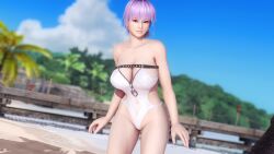 1girls 3d ayane_(doa) beach blue_sky blurry_background breasts dead_or_alive dead_or_alive_5 doahdm female female_only gravure_studio highres kunoichi large_breasts looking_at_viewer navel ninja_gaiden one-piece_swimsuit purple_hair red_eyes short_hair summer swimsuit thighs