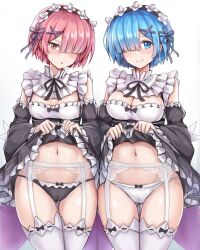 2girls black_panties blue_eyes blue_hair blue_ribbon blush dress dress_lift female_only flashing_panties garter_belt garter_straps hair_over_one_eye happy lingerie looking_at_viewer maid maid_headdress maid_uniform medium_breasts multiple_girls panties pink_hair presenting presenting_panties pussy_visible_through_panties r-binon ram_(re:zero) re:zero_kara_hajimeru_isekai_seikatsu red_eyes red_hair red_ribbon rem_(re:zero) revealing_panties short_hair sisters skirt_lift small_breasts smiling stockings sweat symmetry thick_thighs thighhighs thighs twins uncensored underwear white_garter_belt white_garter_straps white_legwear white_lingerie white_panties white_stockings