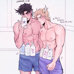 2boys battle_tendency blue_eyes boxers caesar_zeppeli erection erection_under_clothes green_eyes ham_zeppeli holding_cellphone jojo's_bizarre_adventure joseph_joestar male male/male male_nipples male_only muscular_male shampoo shampoo_challenge shirtless shirtless_(male)