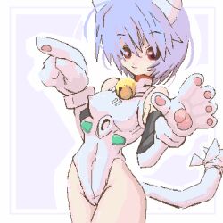 bell_collar blue_hair cameltoe clothing collar erect_nipples erect_nipples_under_clothes eyebrows_visible_through_hair hermmy leotard medium_breasts neon_genesis_evangelion pawpads paws plugsuit red_eyes rei_ayanami short_hair smile tail