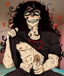 1boy black_hair blush curly_hair explosives heart heart-shaped_pupils john_doe_(character) john_doe_(game) john_doe_(john_doe) killer long_hair male_focus male_only masturbation partially_clothed purpleverse scar selfharm_scars shadow shirt_lift tagme thin_waist visual_novel