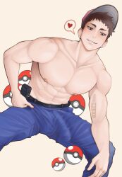 baseball_cap big_bulge boner brown_eyes brown_hair bulge courier_(pokemon) dick erect_penis erection erection_under_clothes hard_on huge_bulge image_set looking_at_viewer male male_nipples male_only muscles muscular muscular_male onglai87 pokeball pokeballs pokemon pokemon_sv shirtless_male solo solo_male spread_legs topless topless_male