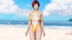 1girls 3d beach blue_sky breasts brown_eyes dead_or_alive dead_or_alive_5 dead_or_alive_5_last_round doahdm female female_only gravure_studio highres looking_at_viewer mila_(doa) multicolored_hair one-piece_swimsuit short_hair summer swimsuit thighs two-tone_hair