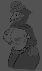 anthro areola avian beak belly belt big_breasts bird breasts clothed clothing curvy_figure digital_media_(artwork) eyebrows female frown frown_eyebrows frowning_at_viewer fur gesture holding_breast huge_breasts legwear looking_at_viewer mammal monochrome neck_tuft nipples plague_doctor simple_background sketch small_waist solo standing thick_thighs topwear tuft wide_hips xintro