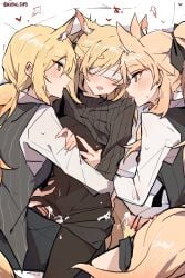 1girls 2futas age_difference animal_ear_fluff animal_ears areolae arknights arrow_(symbol) aunt aunt_and_niece bar_censor black_bodysuit black_sweater blemishine_(arknights) blindfold blonde_hair bodysuit breasts censored clothed clothing commentary cum cum_on_legs cum_string erection eyebrows_visible_through_hair female fff_threesome fully_clothed futa_on_female futa_with_female futanari group group_incest group_sex heart highres horse_ears horse_girl horse_tail humanoid humanoid_penis incest intersex kemonomimi kyou_039 light-skinned_female light-skinned_futanari light_skin long_hair long_sleeves multiple_futa multiple_penises navel nearl_(arknights) niece nipples panties panties_under_bodysuit penis saliva siblings sisters sweat sweater tail threesome tongue tongue_out twitter_username underwear whislash_(arknights)