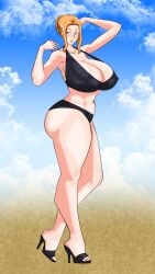 1girls ass beach bikini blonde_female breasts brown_eyes brown_hair female high_heels huge_ass huge_breasts milf solo supernova_(artist) tachibana-san-chi_no_dansei_jijou tachibana_kyouka