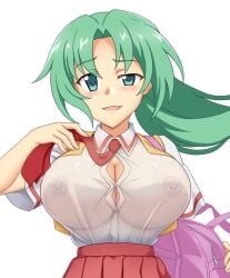 07th_expansion 1girls abridged-satoko bag big_breasts blush breasts bursting_breasts busty cleavage female female_only green_eyes green_hair highres higurashi_no_naku_koro_ni large_breasts long_hair looking_at_viewer mion_sonozaki necktie nipples open_mouth ponytail see-through shirt skirt smile solo