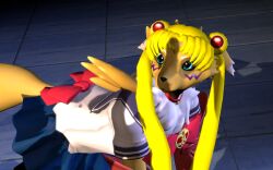 3d all_fours anthro armwear bandai_namco bishoujo_senshi_sailor_moon black_nose black_sclera blonde_hair blue_eyes bottomwear bow_tie bridal_gauntlets choker clothed clothing cosplay crown digimon digimon_(species) digital_media dipstick_ears erection facial_markings female front_view genitals hair head_markings heart hi_res humanoid_genitalia humanoid_penis jewelry kespr long_hair looking_at_another looking_at_genitalia looking_at_penis markings meme multicolored_ears neck_tuft necklace offscreen_character open_mouth penis penis_silhouette renamon sailor_moon_(cosplay) sailor_moon_redraw_challenge shoulder_tuft skirt solo tiara tuft twintails uniform yellow_body