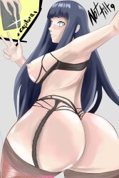 armpits big_ass big_breasts big_butt black_hair camera eneuwu focus_on_ass garter_belt garter_straps happy hyuuga_hinata legwear lingerie naruto naruto_(series) naruto_shippuden nottilt phone selfie smile smiling solo solo_female solo_focus spanish_text stockings text