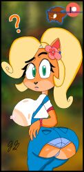 artist_request big_butt breasts_exposed coco_bandicoot crash_(series) embarrassed large_breasts looking_at_viewer pants_rip see-through_clothing see-through_panties