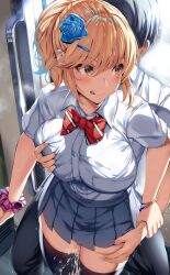 1boy belko blonde_female blonde_hair breast_grab censored cum cum_on_lower_body cum_on_thighs cumshot female huge_breasts love_live! love_live!_nijigasaki_high_school_idol_club miyashita_ai mosaic_censoring orange_eyes penis side_ponytail thick_thighs thigh thigh_sex