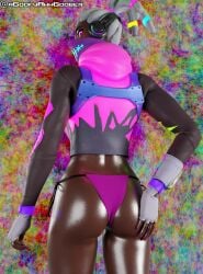 3d 3d_(artwork) blender color colorful dark-skinned_female dark_skin fortnite fortnite:_battle_royale headphones komplex_(fornite) neon neon_lights ns1124 pink_eyes white_hair