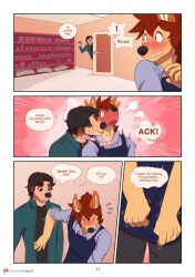 anthro apron blush canid canine canis clothed clothing comic dialogue domestic_dog duo english_text herpestid hi_res hiding_erection male male/male mammal meerkat neck_kiss rivas smile text yuguni yuguni_(character)