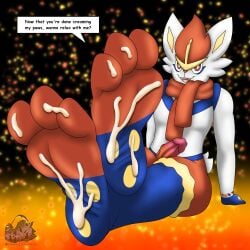 2022 3_toes absurd_res anthro barefoot berk_rider bodily_fluids cinderace clothing cum cum_on_feet dialogue english_text feet foot_fetish foot_focus foot_play genital_fluids genitals hi_res looking_at_viewer male nintendo nude open_mouth penis pokémon_(species) pokemon scarf simple_background smile soles solo text thick_thighs toes video_games