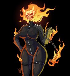 1girls bodysuit chains demon female female_focus female_only fire ghost_rider latex loggus_doggus marvel marvel_comics nipple_bulge nipples on_front rule_63 shiny_clothes skintight skintight_bodysuit skull skull_head solo spandex spikes superhero superheroine whip