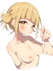 bangs blonde_hair blush breasts completely_nude eyebrows_visible_through_hair female hair_bun highres himiko_toga looking_at_viewer medium_breasts my_hero_academia nipples nude rasusurasu short_hair simple_background single_hair_bun solo upper_body white_background yellow_eyes