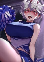 1girls 8husa beelzebub_(helltaker) breasts cheerleader cheerleader_outfit cheerleader_uniform demon_girl demon_horns earrings freckles grey_hair helltaker highres horns jewelry large_breasts open_mouth pom_pom_(cheerleading) red_eyes smile solo sweatdrop thighs