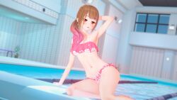 1girls 3d 3d_(artwork) armpits arms_behind_head belly_button big_breasts bikini blush brown_hair frilled_bikini gradient_hair indie_virtual_youtuber koikatsu medium_breasts midriff navel pink_hair ponytail pool poolside pose posing red_eyes shioripon solo solo_female solo_focus virtual_youtuber