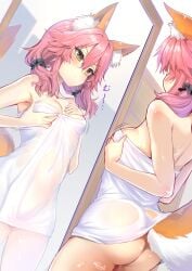 1girls absurdres animal_ear_fluff animal_ears artist_logo artist_name ass back bangs bare_shoulders black_hairband blush breast_hold breasts commentary covered_navel eyebrows_visible_through_hair fate/extra fate/extra_ccc fate_(series) female female_only fox_ears fox_girl fox_tail hair_between_eyes hairband hand_on_own_chest highres long_hair looking_at_mirror low_twintails medium_breasts mirror motion_lines pink_hair see-through sidelocks solo tail tamamo_no_mae_(fate) towel twintails wet wet_towel wisespeak yellow_eyes