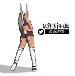 1girls animal_ears ass ass_focus basketball_uniform bunny_ears bunny_tail dark-skinned_female dark_skin euphoria-xox female female_only fully_clothed jersey looking_at_viewer looking_back miruko my_hero_academia red_clothes red_eyes revealing_clothes rumi_usagiyama shorts smile solo standing sweat trainers twitter_username white_background white_hair