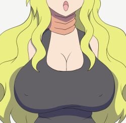 1boy 1girls animated big_breasts black_shirt blonde_hair bounce bouncing bouncing_breasts breast_focus breasts breasts_focus choking cleavage disembodied_hand dominant_male dragon dragon_girl dragon_maid erect_nipples femsub hand_on_neck huge_breasts implied_cowgirl_position implied_sex kobayashi-san_chi_no_maidragon large_breasts long_hair lucoa lucoa_(maidragon) maledom miss_kobayashi's_dragon_maid monster_girl nipple_bulge nipples_visible_through_clothing onlysupport onlysupportclass open_mouth quetzalcoatl_(dragon_maid) shirt strangling submissive_female top_heavy topwear up_and_down