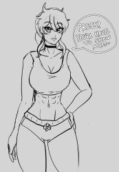 1girls abs athletic athletic_female belly_piercing choker dialogue english english_text fit fit_female gym_clothes gym_shorts high_ponytail jo3mfg line_art long_hair looking_at_viewer oblivious pierced_belly_button ponytail pyrrha_nikos rwby sidelocks sketch speech_bubble sportswear tagme