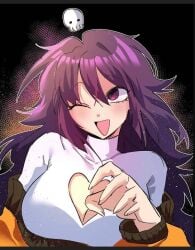 1girls adorable boob_window breasts cleavage cute cute_face female female_only friday_night_funkin heart_window long_hair lylace not_porn purple_eyes purple_hair safe safe_for_work sfw skull smile virtual_youtuber white_shirt wholesome wink