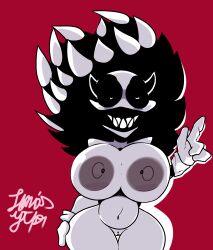 gloves hedgehog jonasytph190 large_breasts mostly_nude nipple_piercing no_more_innocence rule_63 sharp_teeth simple_background sonic.exe teeth thick_thighs